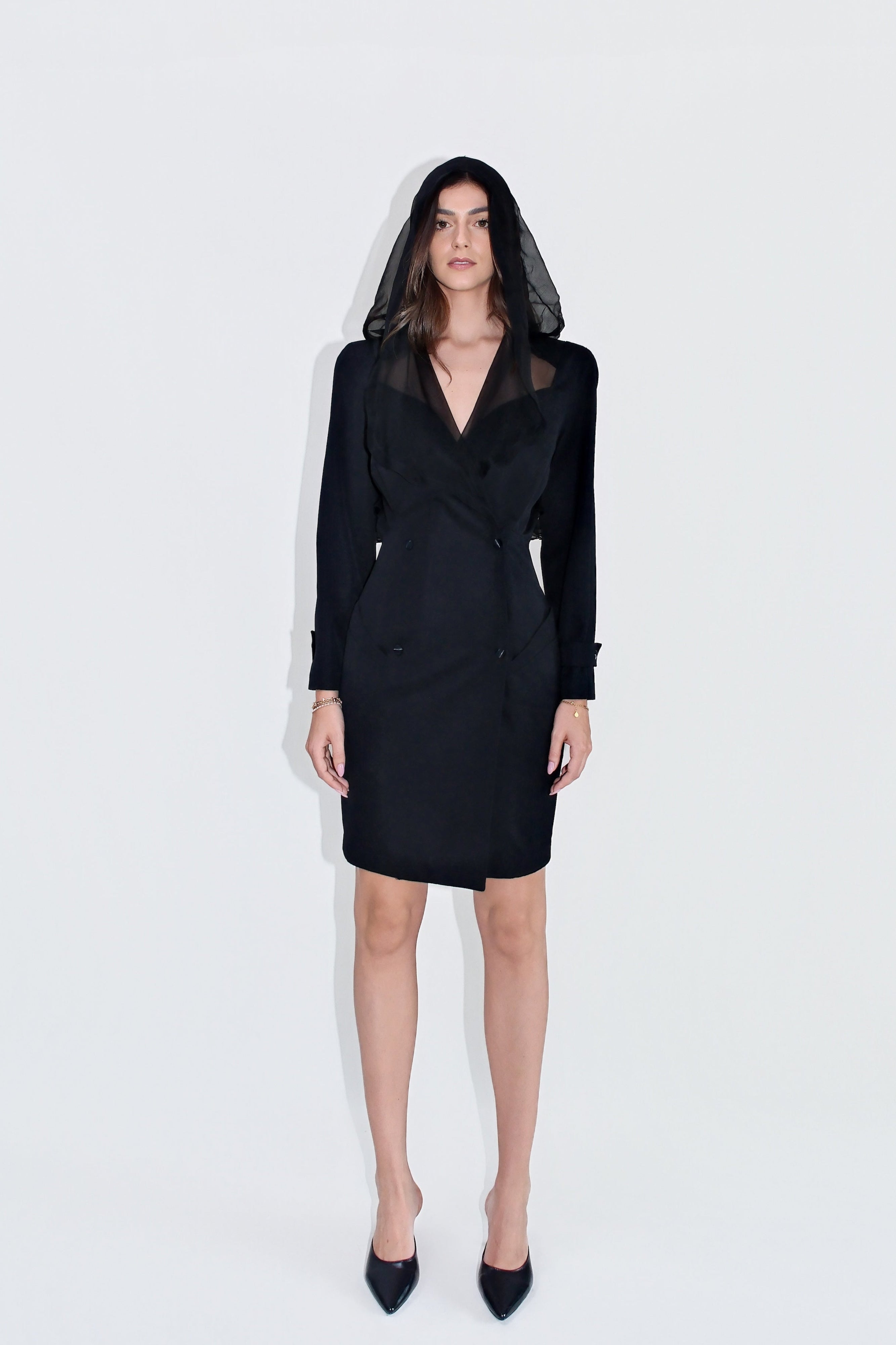 Thierry Mugler FW1991 Black Sheer Silk Hood Blazer Dress – Thetis