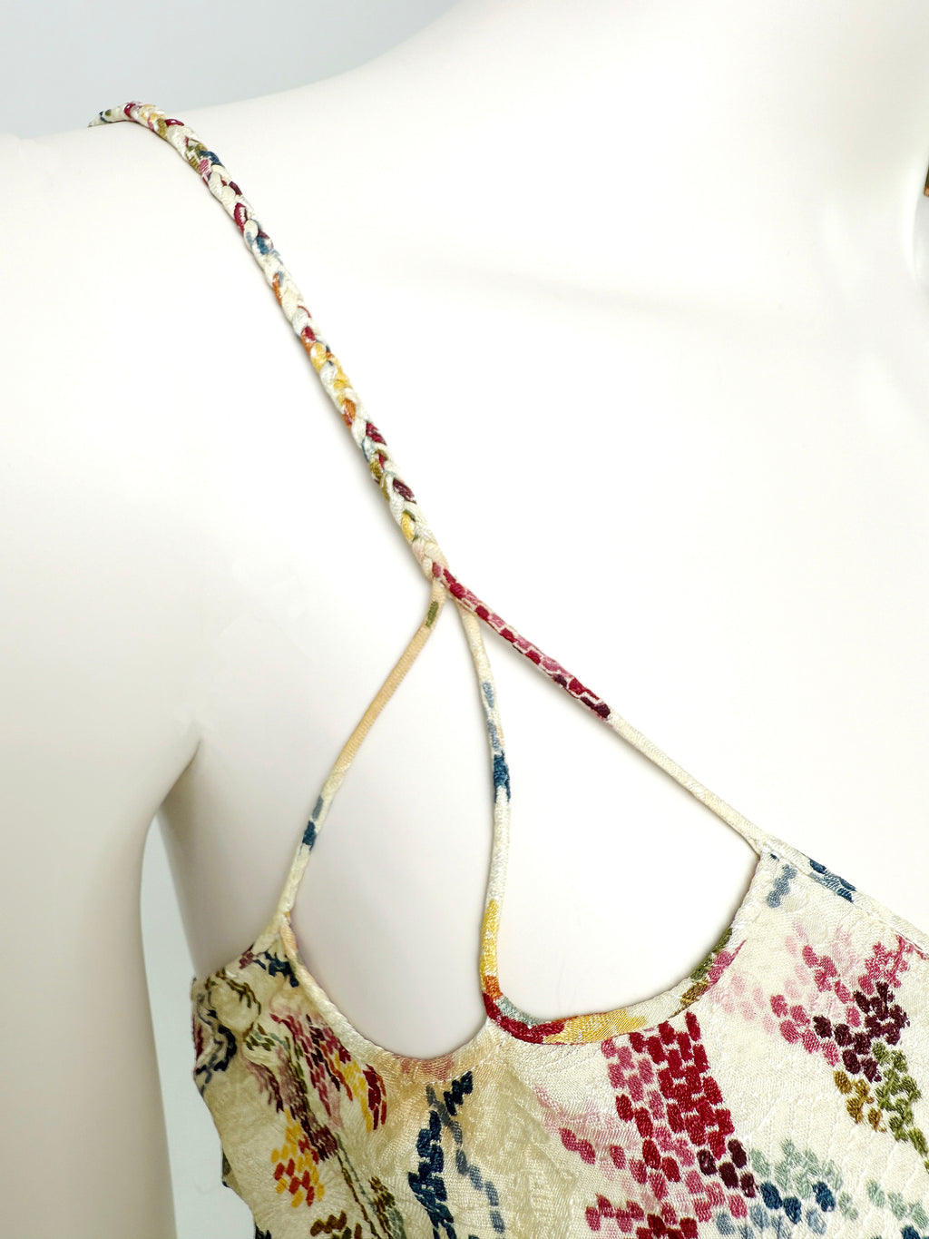 Christian Dior FW1999 needlepoint damask silk dress by John Galliano fine cord strap detail
