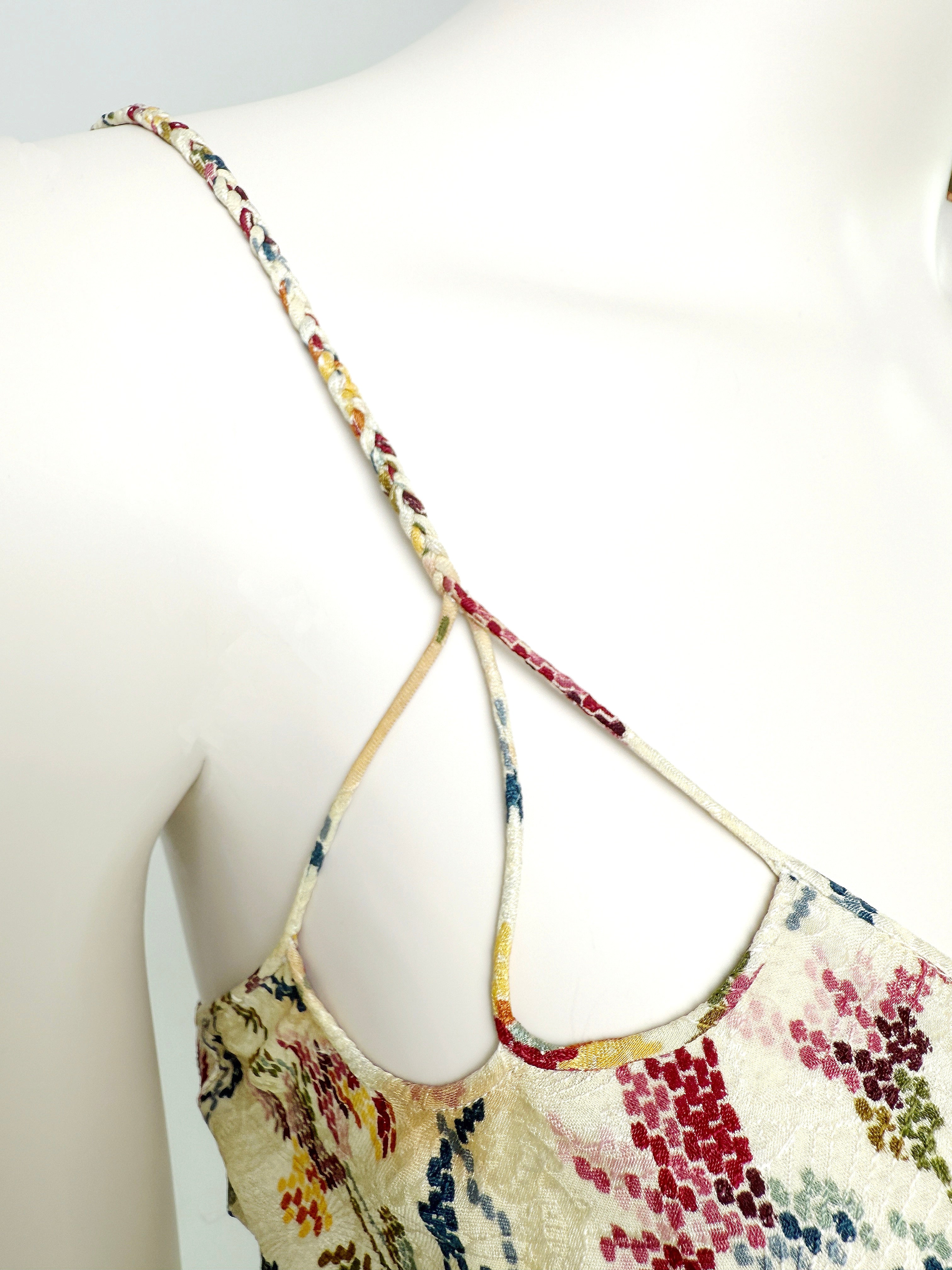 Christian Dior FW1999 needlepoint damask silk dress by John Galliano fine cord strap detail