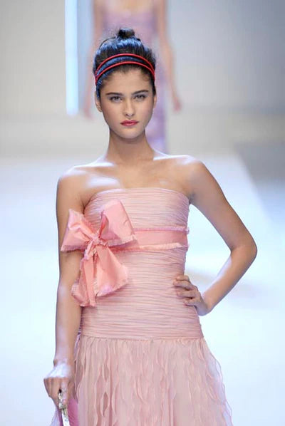 model wearing Valentino SS2007 Strapless Silk Top with Pink Bow organza