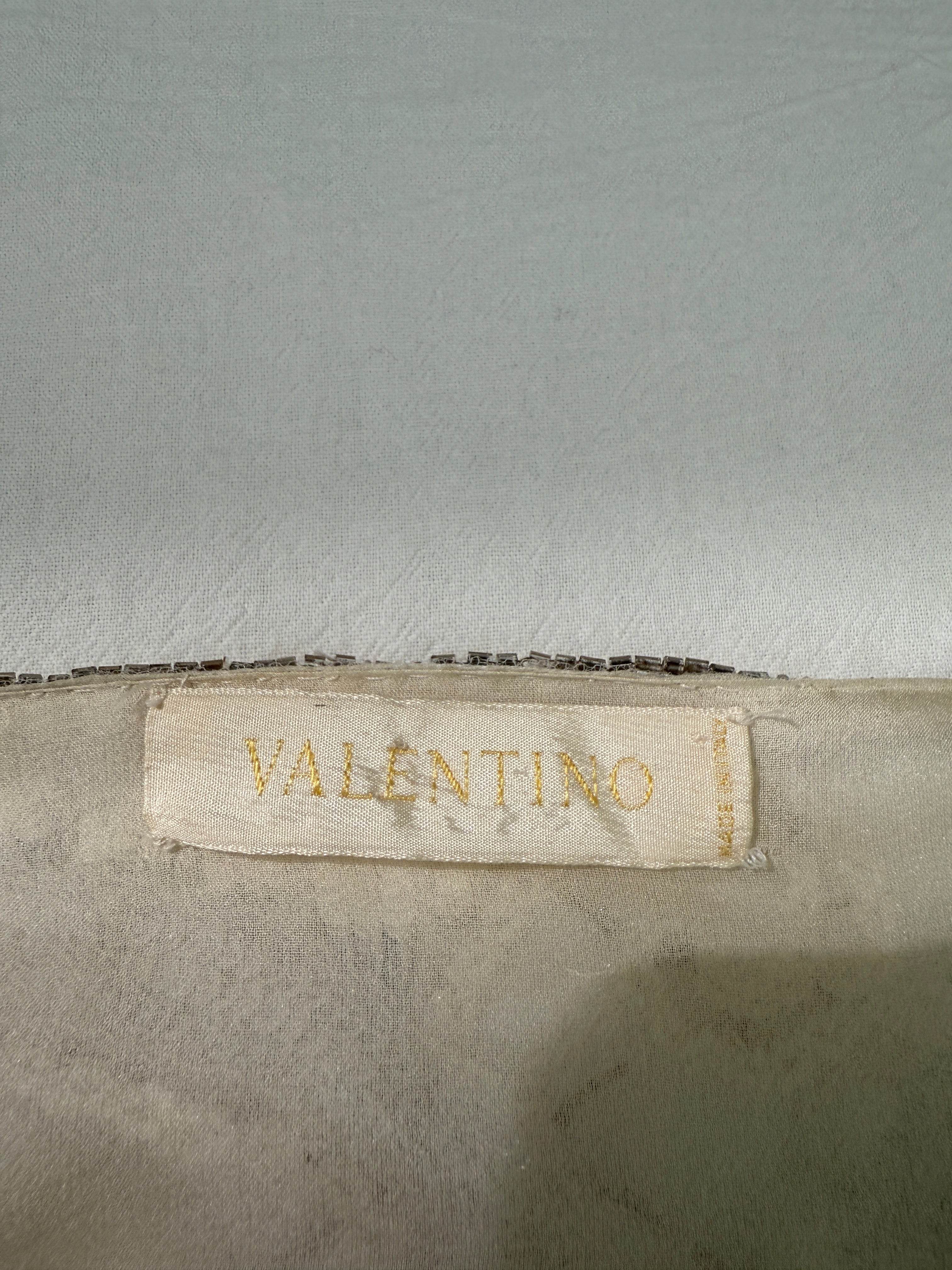 Valentino FW2003 ivory beaded floral bodice tiered silk chiffon gown tag. bridal, wedding, reception look