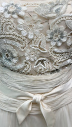 Valentino FW2003 ivory beaded floral bodice tiered silk chiffon gown front view, worn by Rachel Zoe. archival vintage BRIDAL, wedding dress, reception dress.