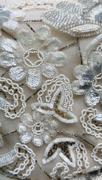 Valentino FW2003 ivory beaded floral bodice tiered silk chiffon gown front view, worn by Rachel Zoe. archival vintage BRIDAL, wedding dress, reception dress.