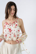 runway look. Valentino SS2000 embellished floral reversible camisole, mesh jacket and silk shantung skirt — closeup view
