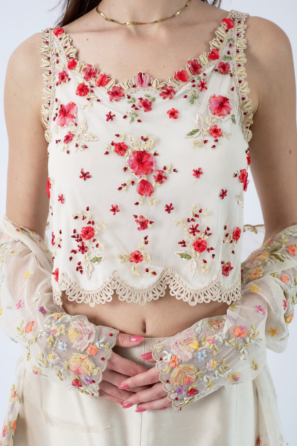 runway Valentino SS2000 embellished floral reversible camisole, mesh jacket and silk shantung skirt — closeup multicolor. 