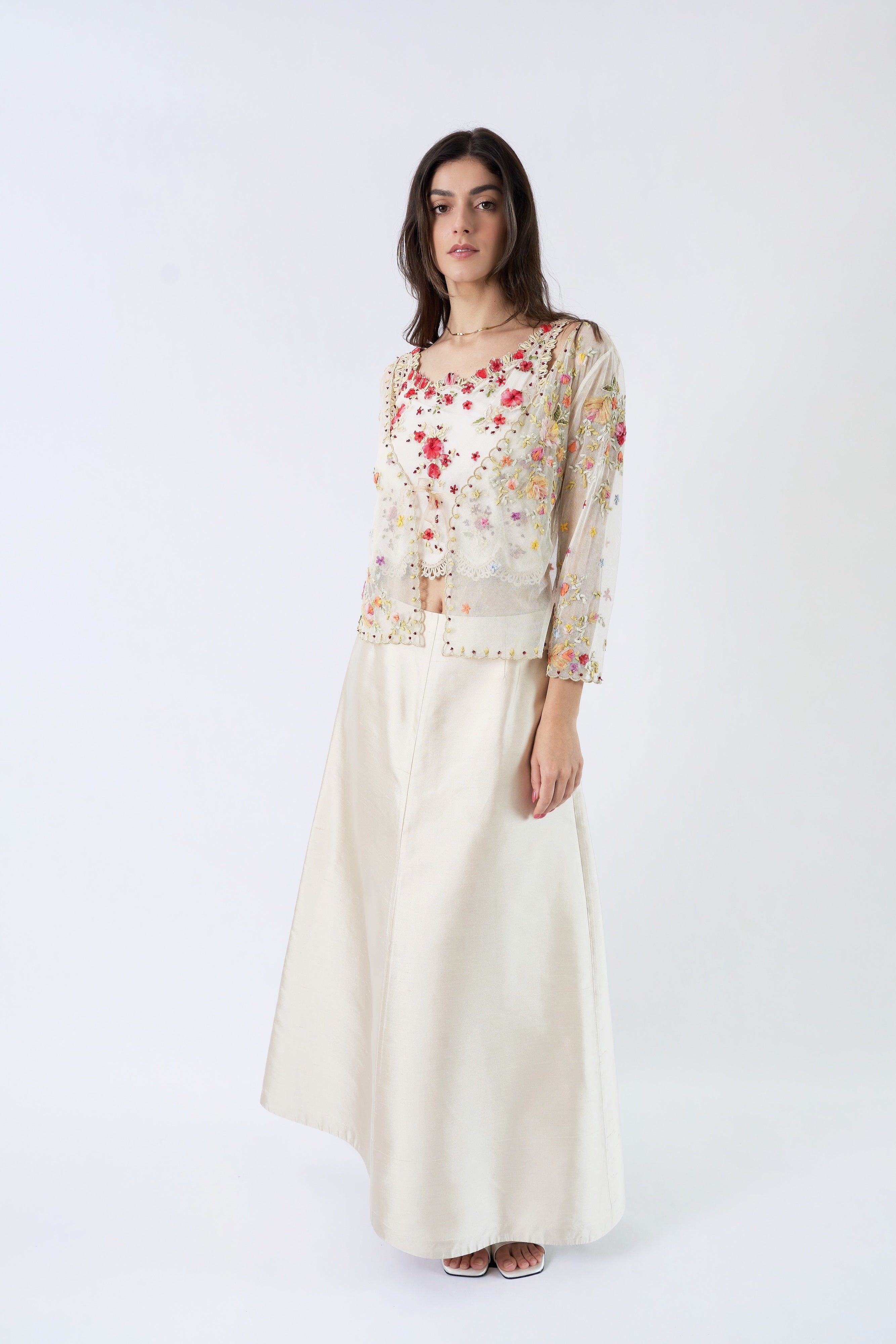 Valentino SS2000 embellished floral reversible camisole, mesh jacket and silk shantung skirt — front view 