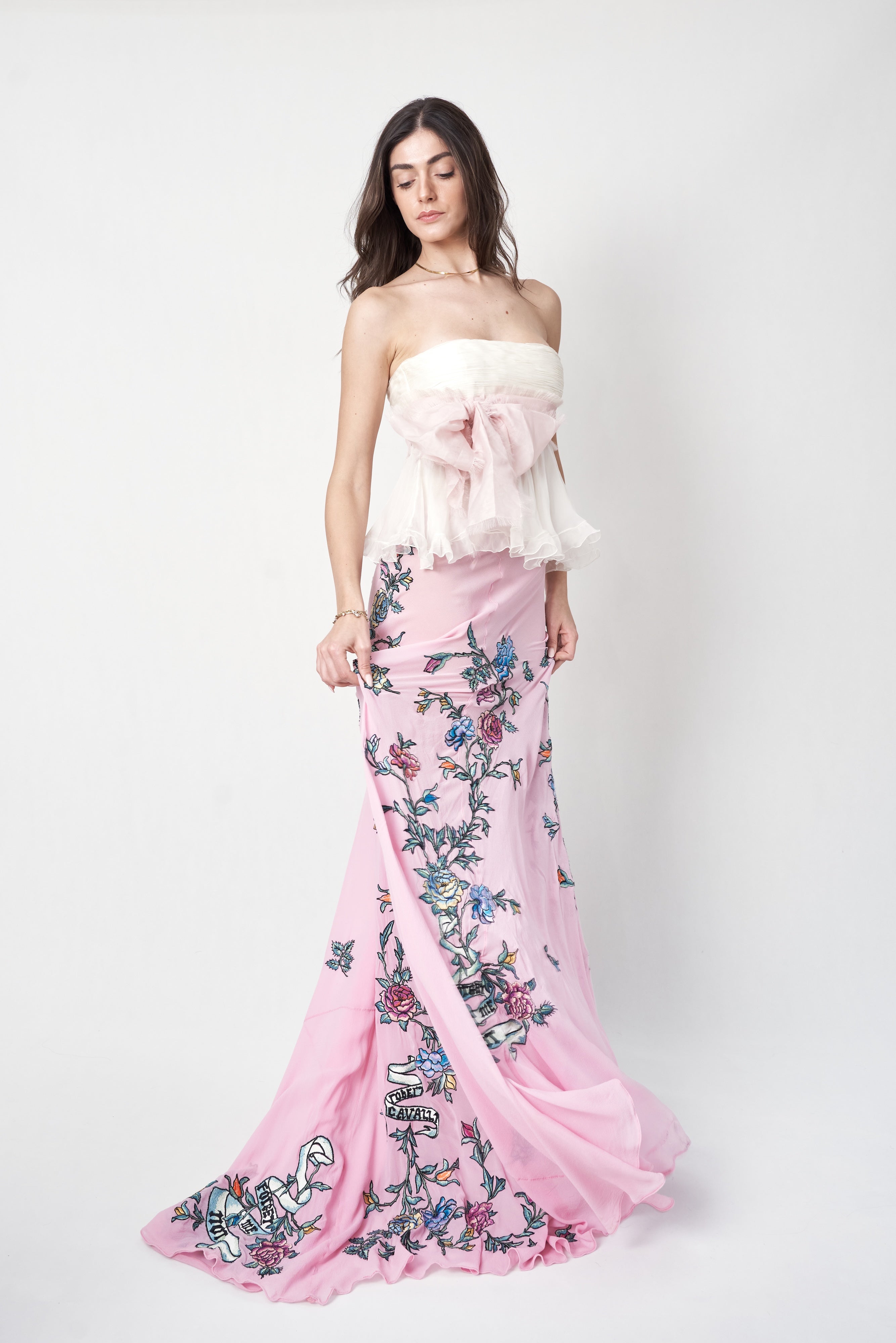 Valentino SS2007 Strapless Silk Top with Pink Bow organza paired with SS2003 Roberto Cavalli Pink "forget me not" skirt