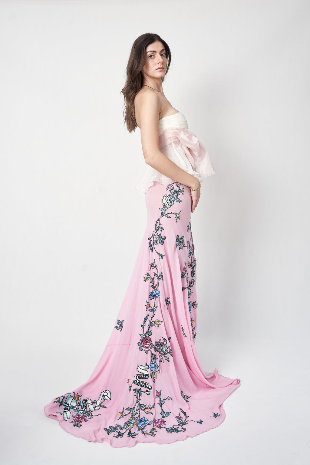Valentino SS2007 Strapless Silk Top with Pink Bow organza, paired with vintage Roberto Cavalli SS2003 "forget me not"