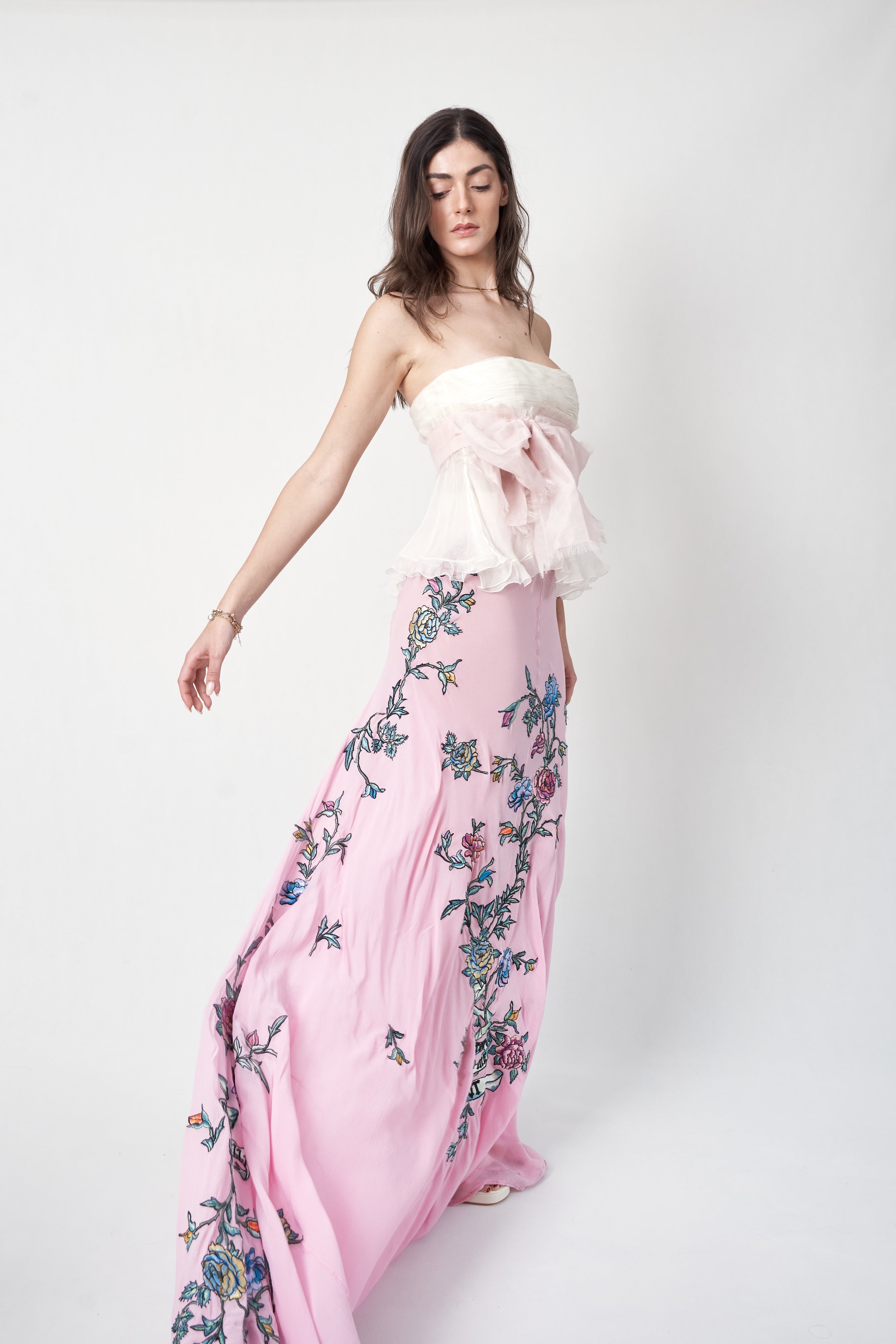 Valentino SS2007 Strapless Silk Top with Pink Bow organza paired with SS2003 Roberto Cavalli "forget me not" skirt