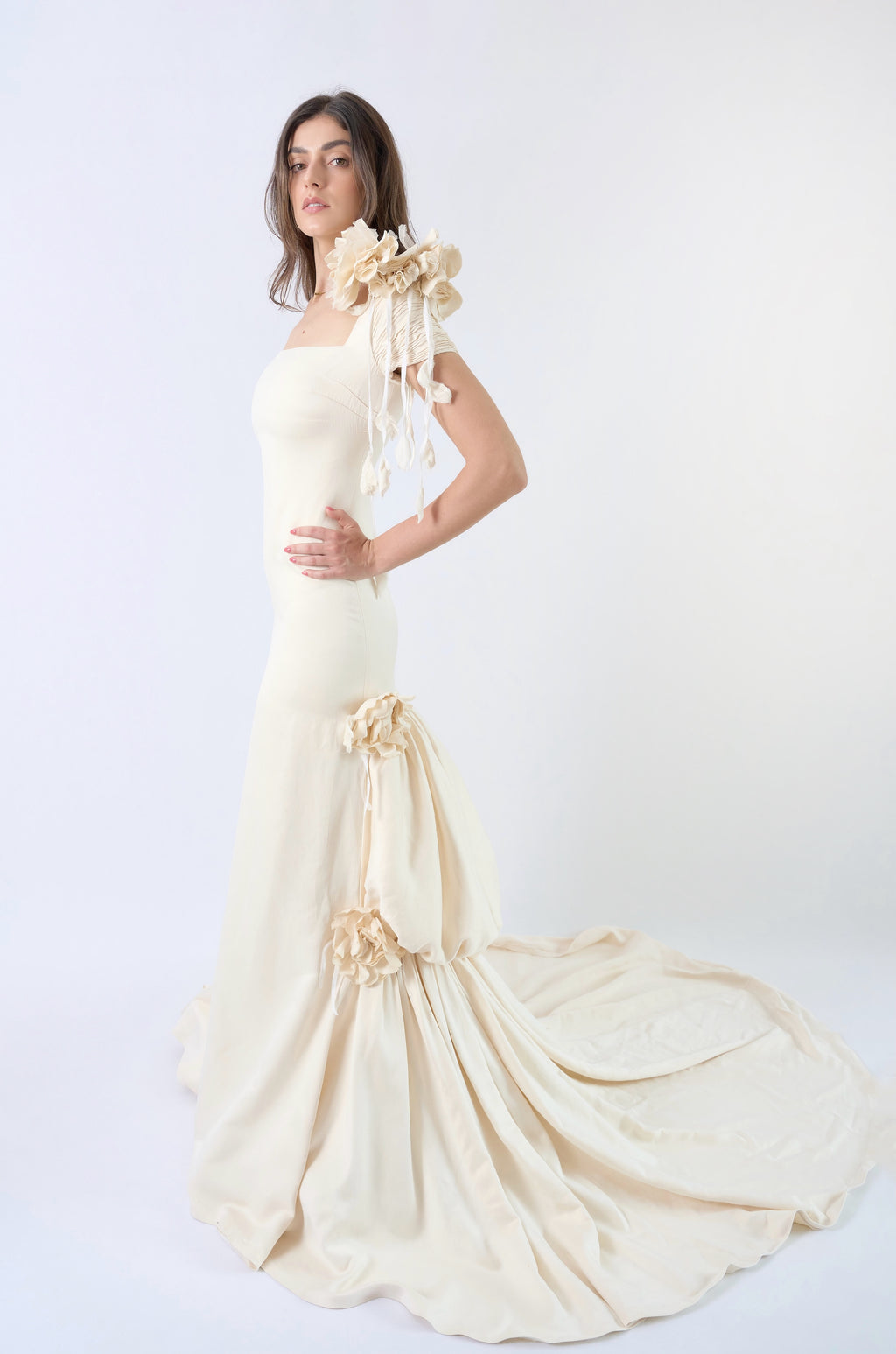Valentino Sposa S/S 2007 Mikado gown with rosettes and bustle effect, large shoulder flower applique. Valentino archival wedding dress bridal gown