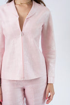 Archival Versace Spring Summer 1999 pink metallic linen jacket and high-waisted cropped pants set, worn by Kate Moss and Gisele Bundchen. 