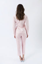 Archival Versace Spring Summer 1999 pink metallic linen jacket and high-waisted cropped pants set, worn by Kate Moss and Gisele Bundchen.
