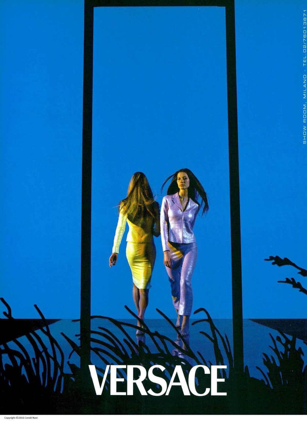 Versace SS1999 pink metallic linen suit campaign featuring Gisele Bündchen. Archival, rare