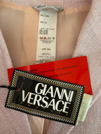 Archival Versace Spring Summer 1999 pink metallic linen jacket and high-waisted cropped pants set, worn by Kate Moss and Gisele Bundchen. 