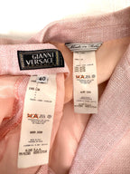 Archival Versace Spring Summer 1999 pink metallic linen jacket and high-waisted cropped pants set, worn by Kate Moss and Gisele Bundchen. 