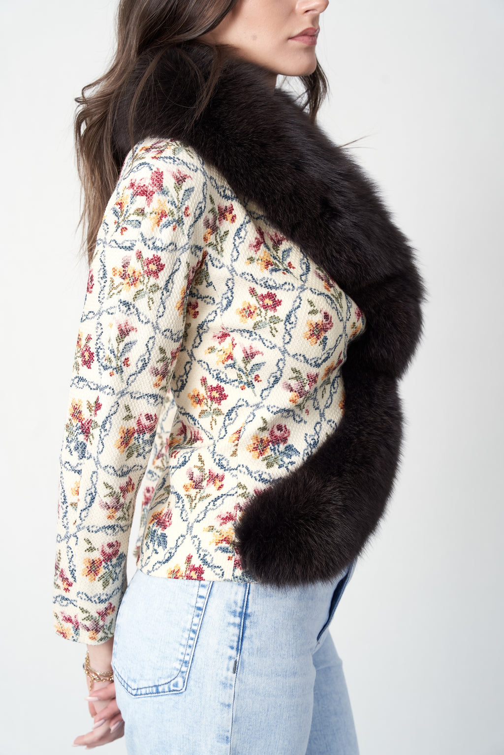Christian Dior FW1999 needlepoint jacket — side view showing cinched waist and fur sweep close up