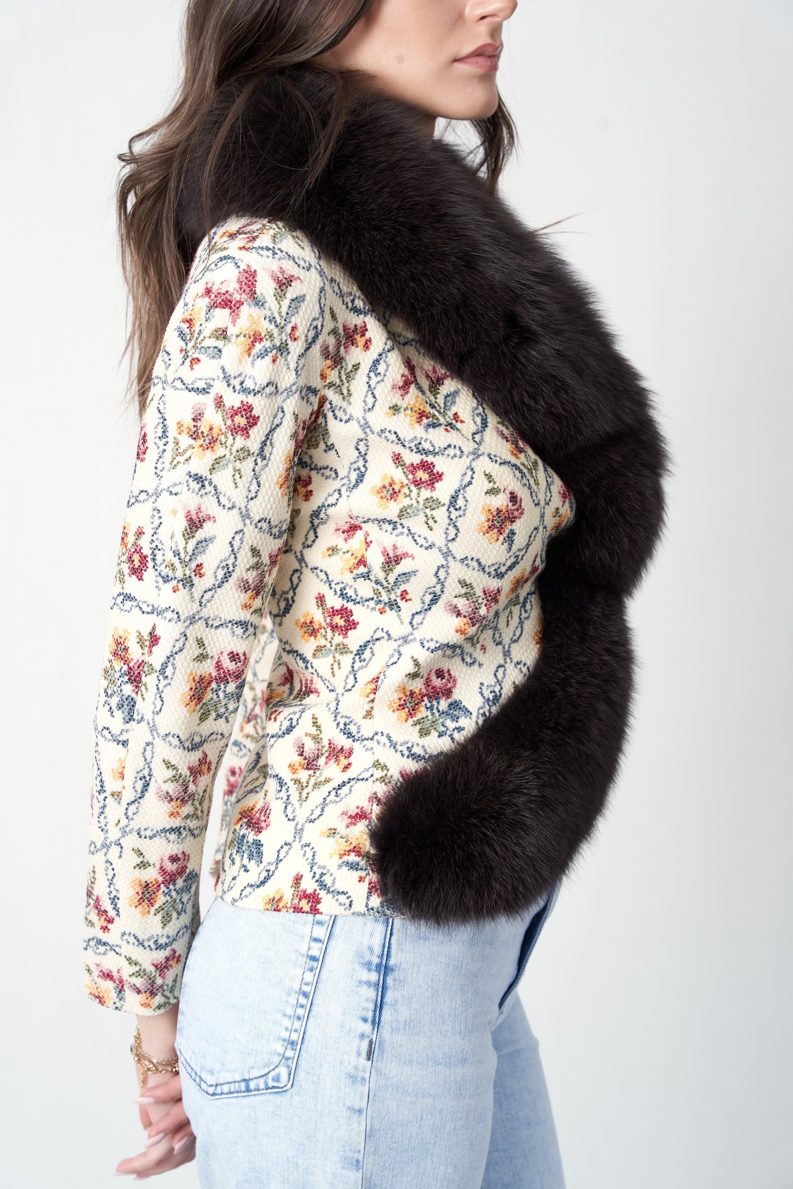 Christian Dior FW1999 needlepoint jacket — side view showing cinched waist and fur sweep close up