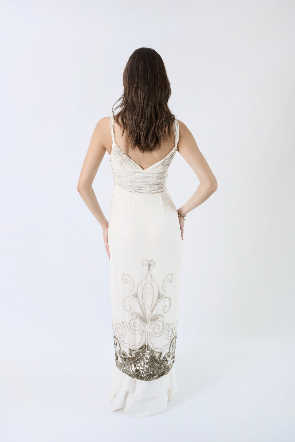 Dior by John Galliano FW2009 ivory silk chiffon gown — back view on model
