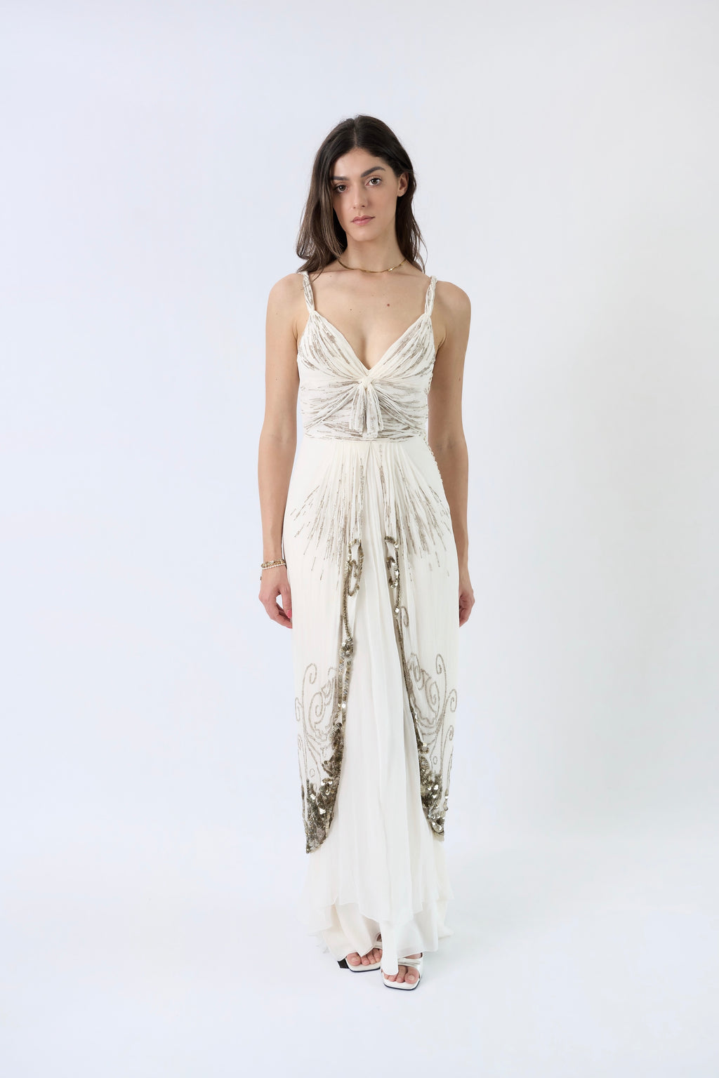 Dior by John Galliano FW2009 ivory silk chiffon silver filigree gown — front view on model