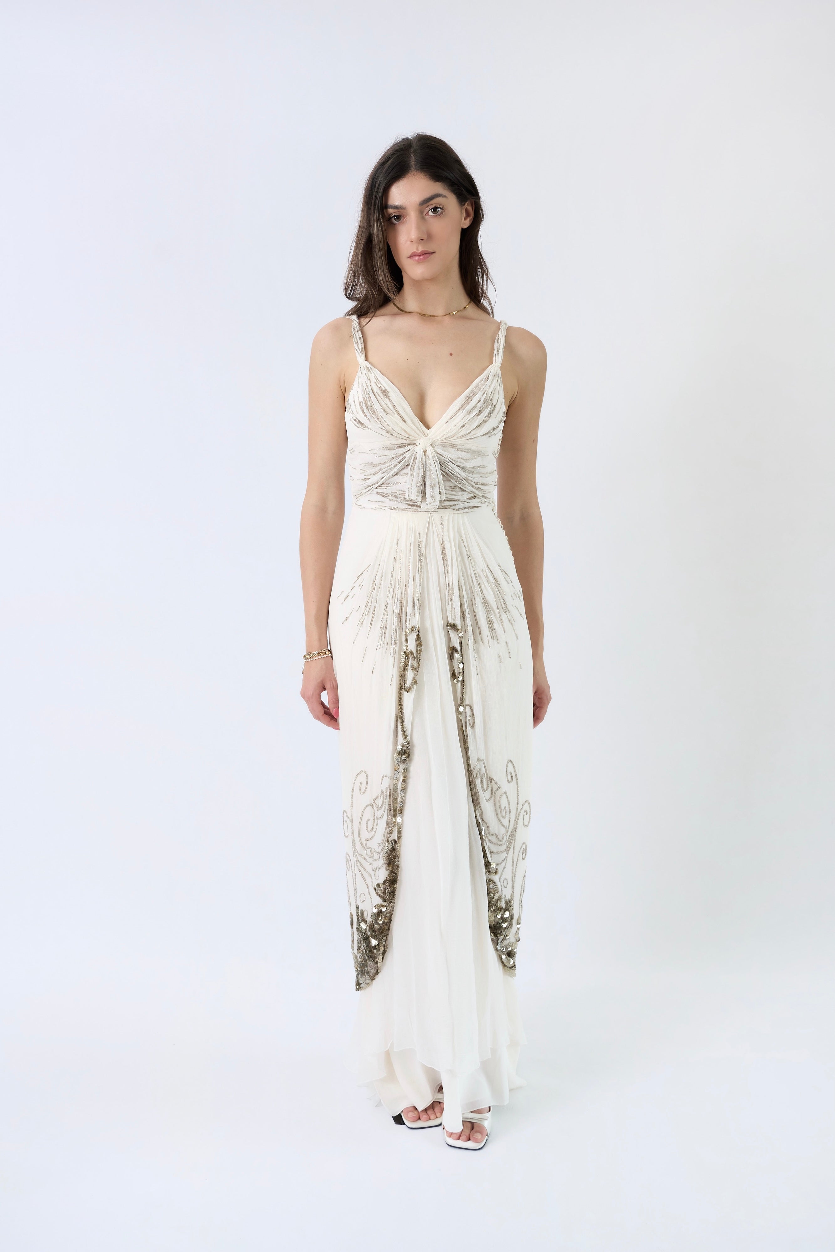 Dior by John Galliano FW2009 ivory silk chiffon silver filigree gown — front view on model