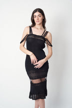 John Galliano SS1998 black pointelle knit and mesh dress — front view showing square neckline and off-shoulder straps