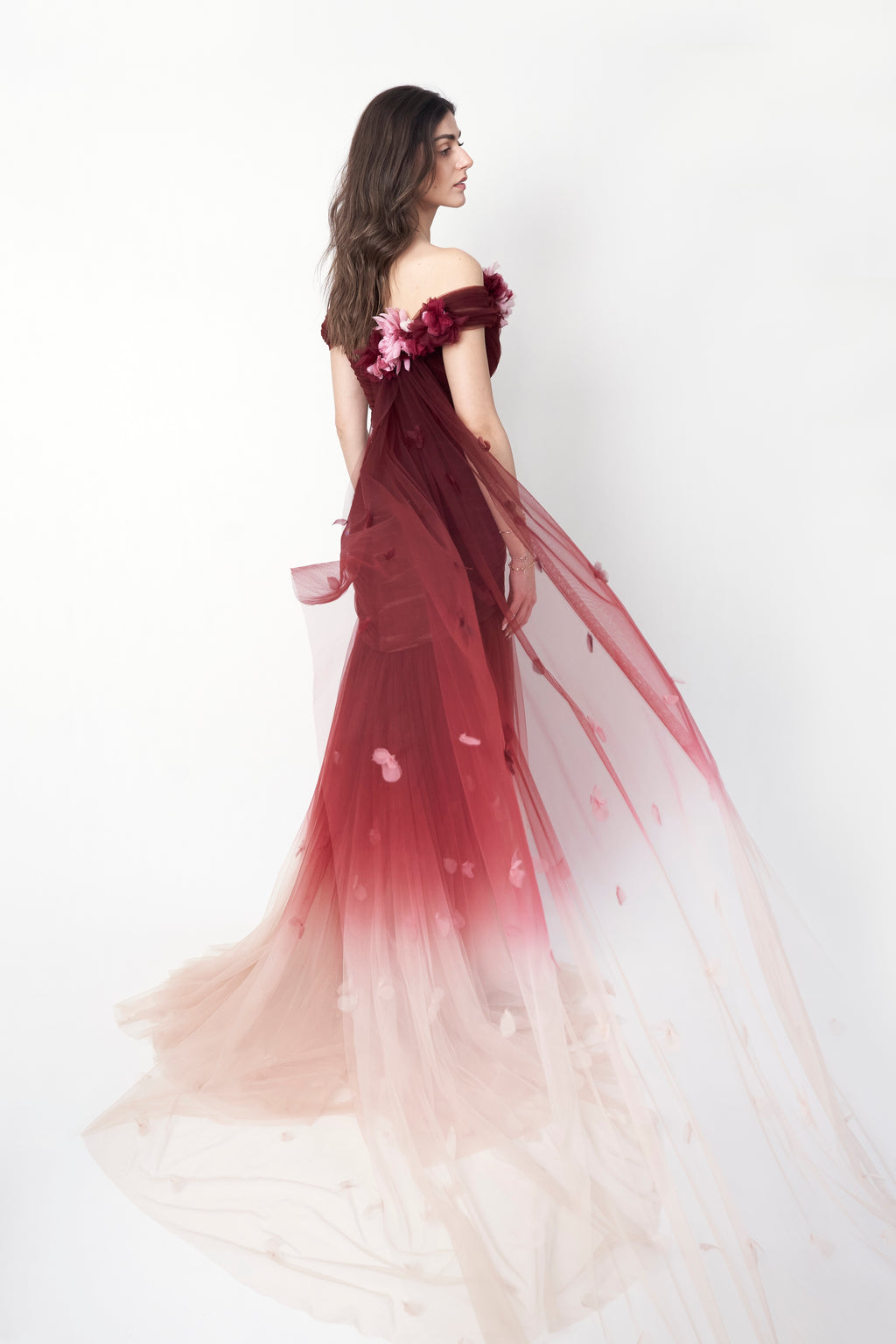 Marchesa 2018 ombré tulle gown — back view showing off-shoulder neckline and floral appliqués at upper back