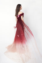Marchesa 2018 ombré tulle gown — back view showing off-shoulder neckline and floral appliqués at upper back