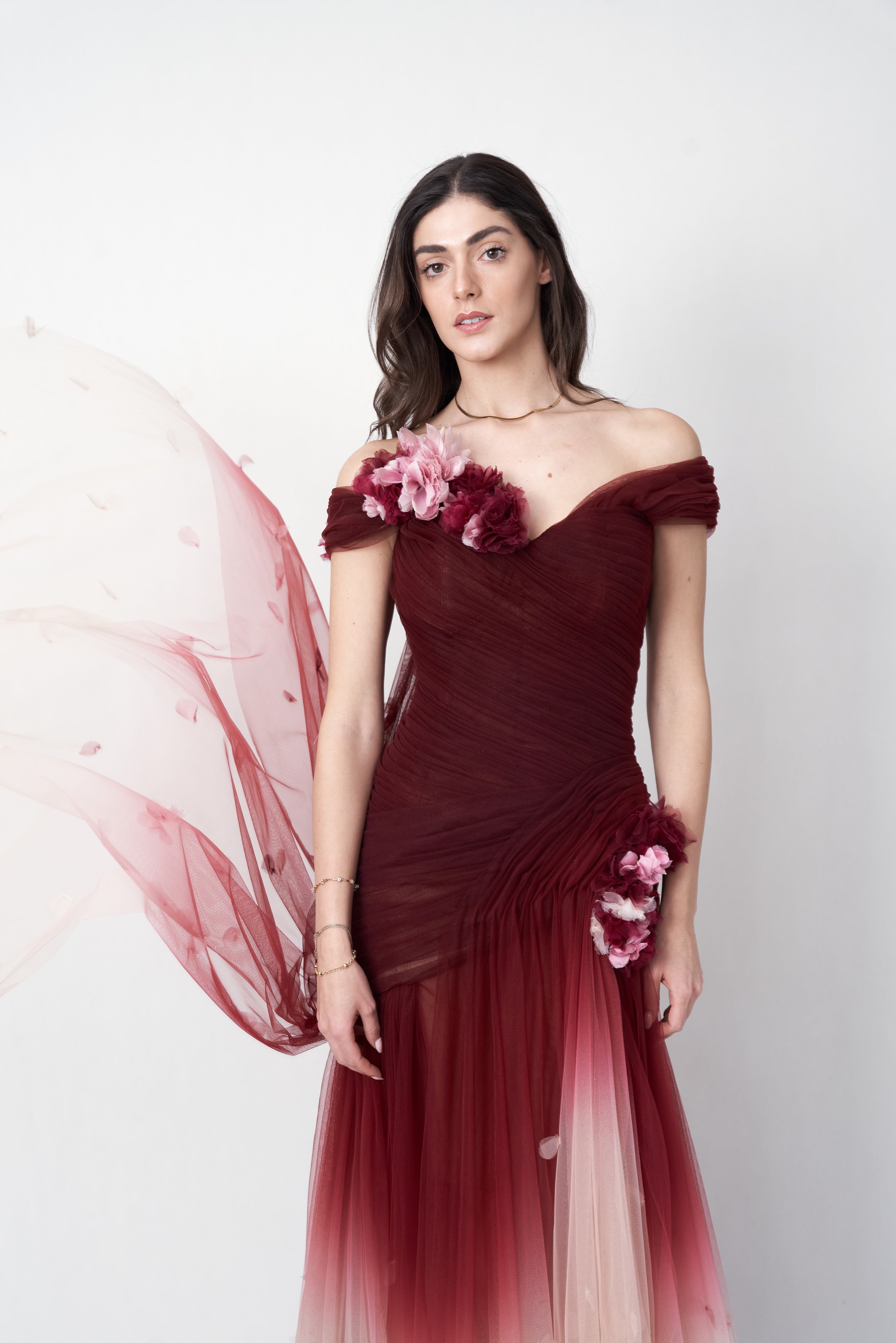 Marchesa 2018 ombré tulle floral appliqué gown — full-length front view on model, maroon to blush gradient
