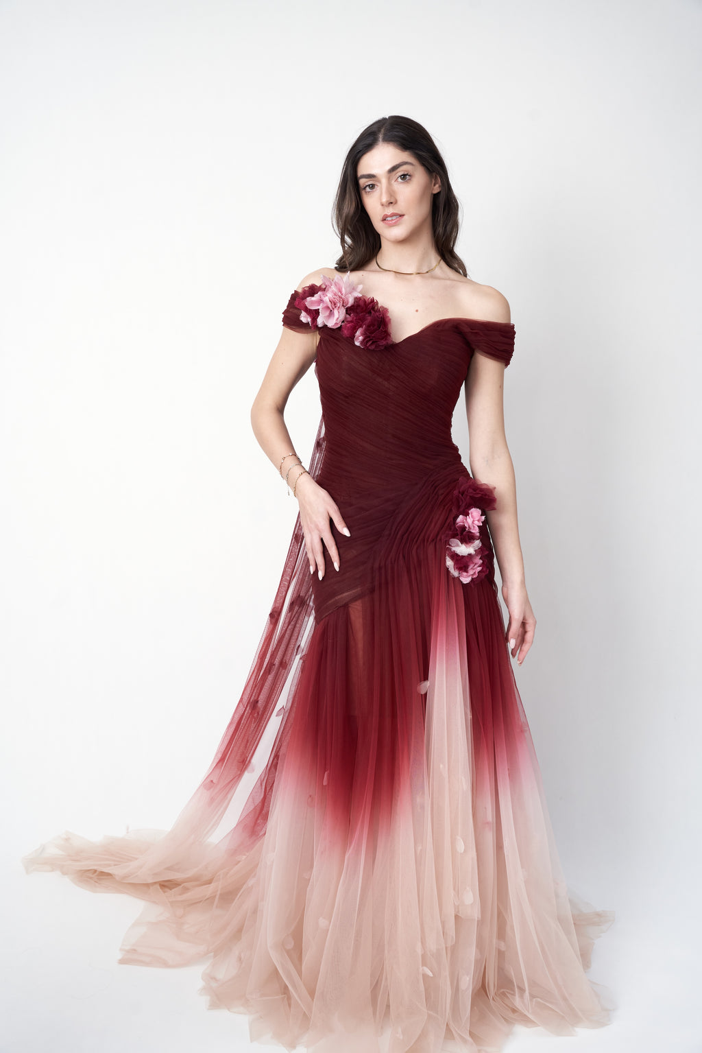 Marchesa 2018 ombré tulle floral appliqué gown — full-length front view on model, maroon to blush gradient. Scarlett Johansson