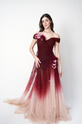 Marchesa 2018 ombré tulle floral appliqué gown — full-length front view on model, maroon to blush gradient. Scarlett Johansson