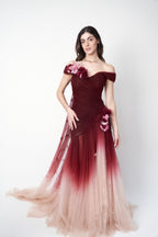 Marchesa 2018 ombré tulle floral appliqué gown — full-length front view on model, maroon to blush gradient. Scarlett Johansson