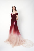 Marchesa 2018 ombré tulle floral appliqué gown — full-length front view on model, maroon to blush gradient