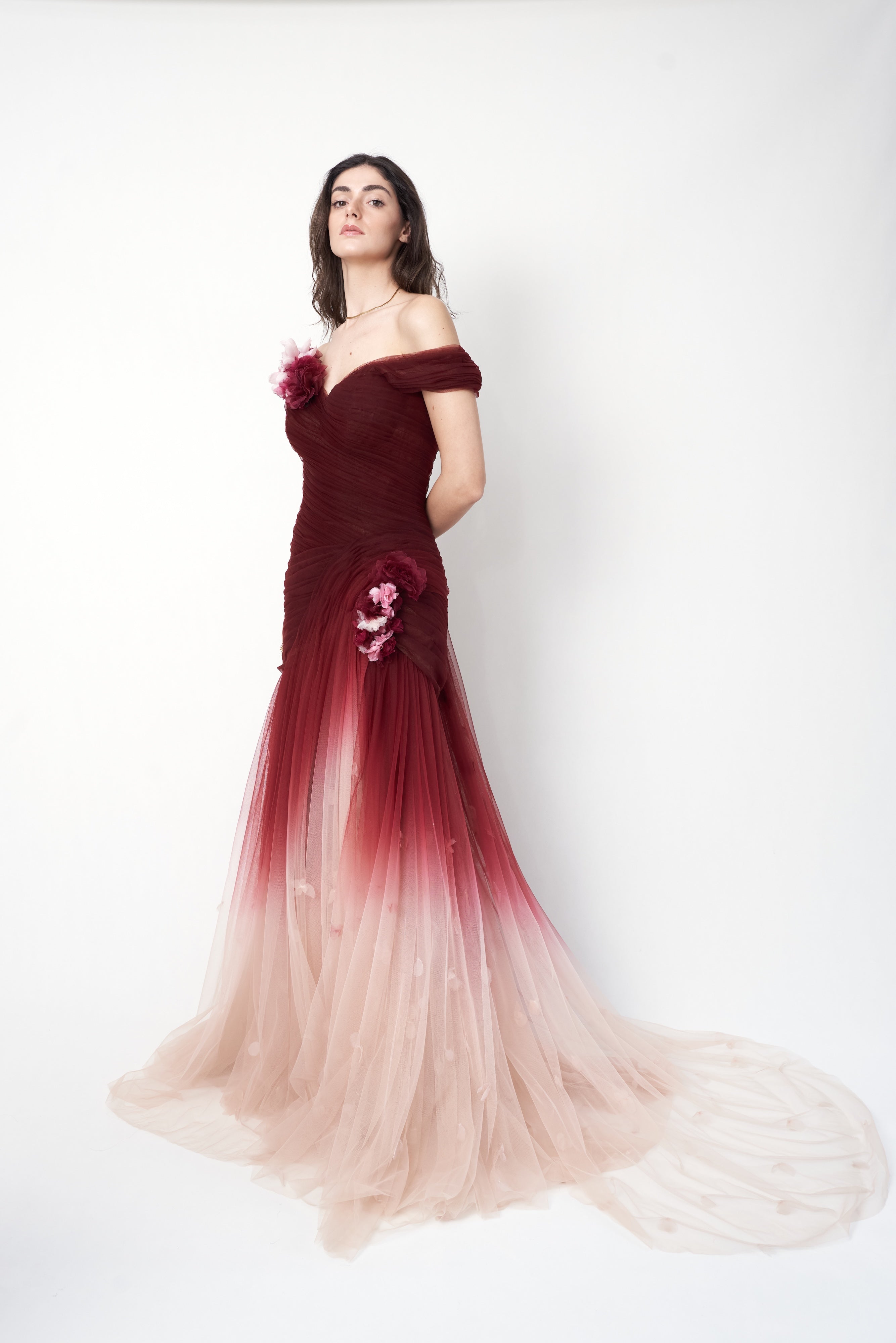 Marchesa 2018 ombré tulle floral appliqué gown — full-length front view on model, maroon to blush gradient