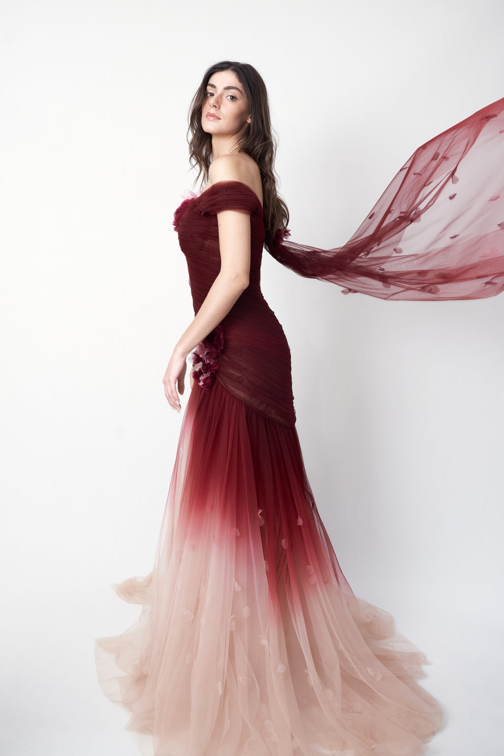 Marchesa 2018 ombré tulle gown — side profile with tulle train extended, full-length silhouette