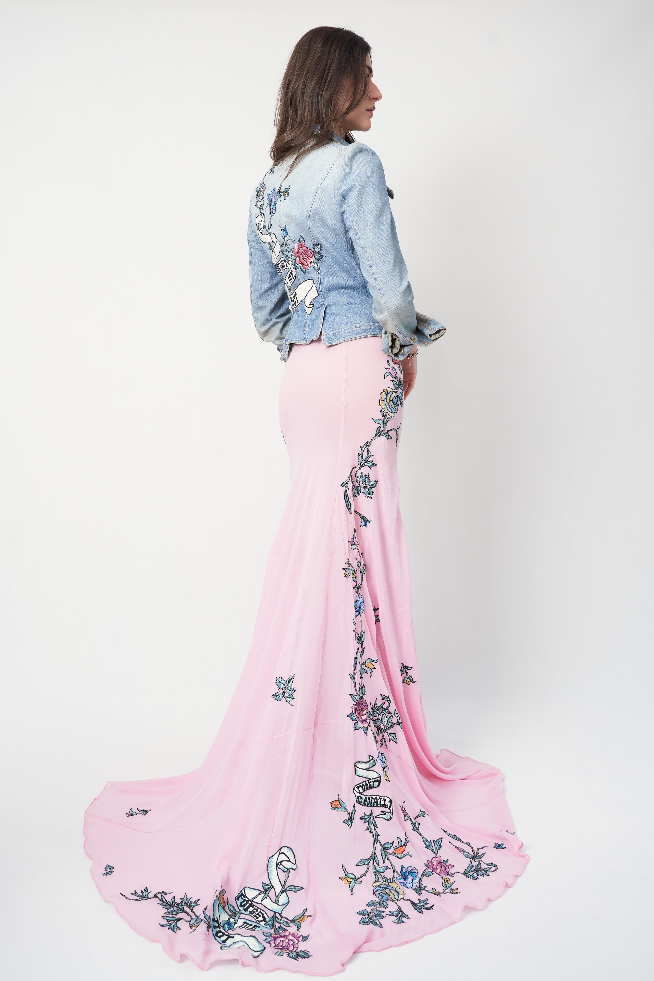 Roberto Cavalli SS2003 set — back view showing full embroidery coverage across jacket and skirt