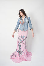Roberto Cavalli SS2003 tattoo and floral embroidered jacket and skirt set — full-length front view on model arms open