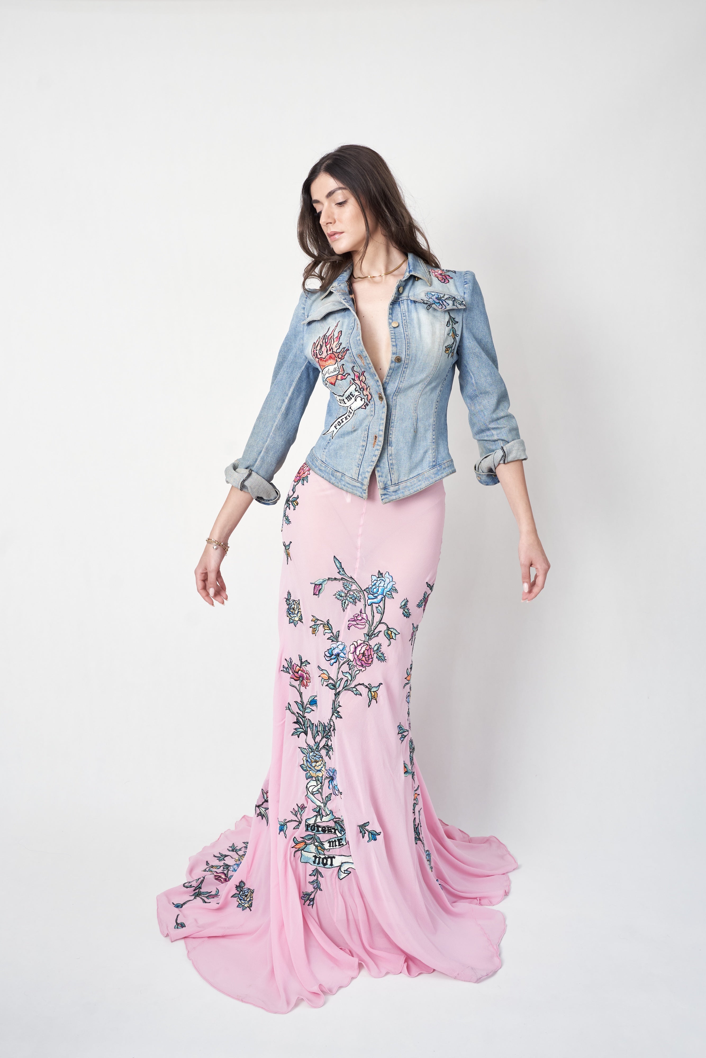 Roberto Cavalli SS2003 tattoo and floral embroidered jacket and skirt set — full-length front view on model arms open