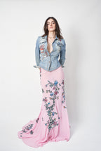 Roberto Cavalli SS2003 tattoo and floral embroidered jacket and skirt set — full-length front view on model