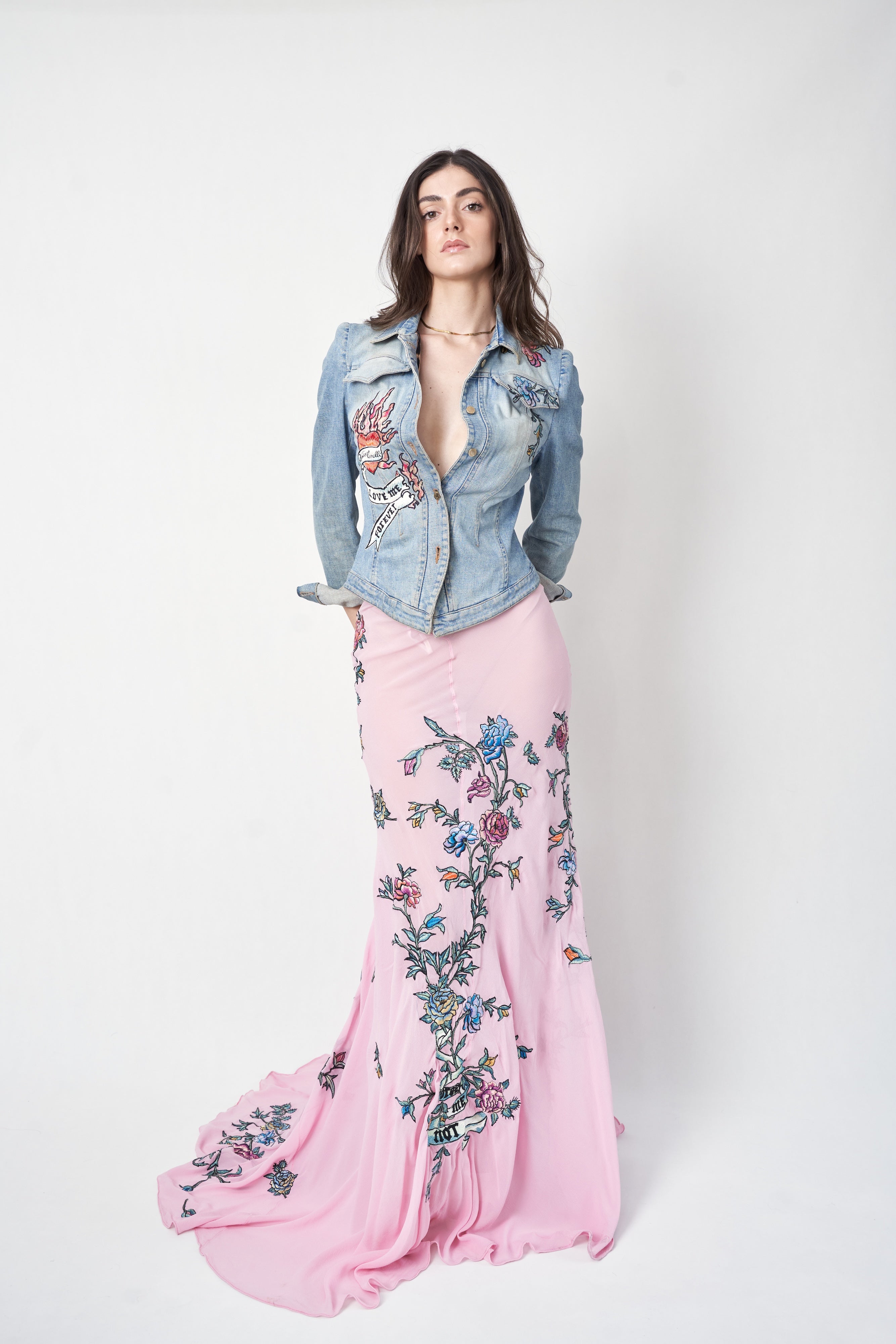 Roberto Cavalli SS2003 tattoo and floral embroidered jacket and skirt set — full-length front view on model