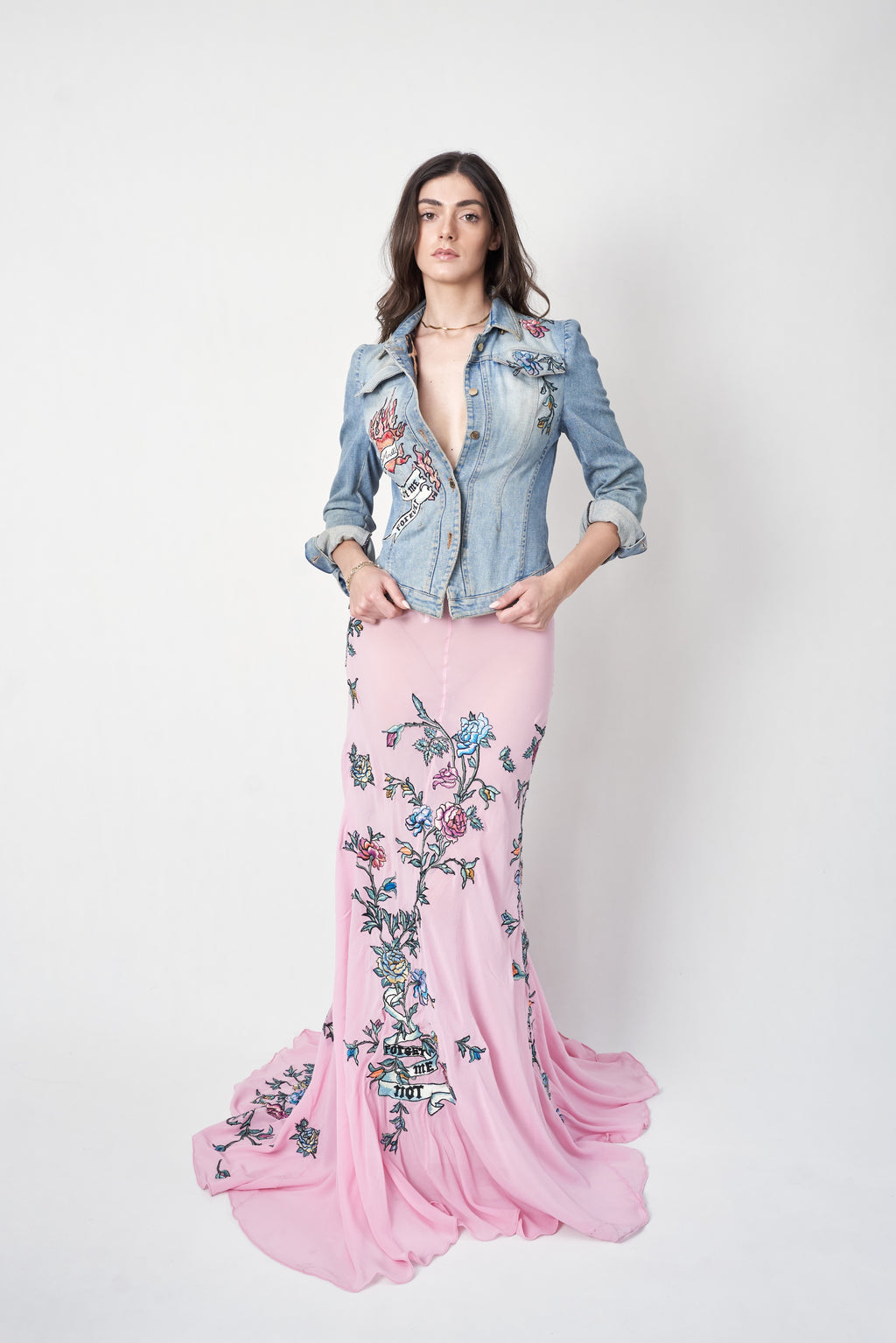 Roberto Cavalli SS2003 tattoo and floral embroidered jacket and skirt set — full-length front view on model