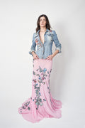 Roberto Cavalli SS2003 tattoo and floral embroidered jacket and skirt set — full-length front view on model