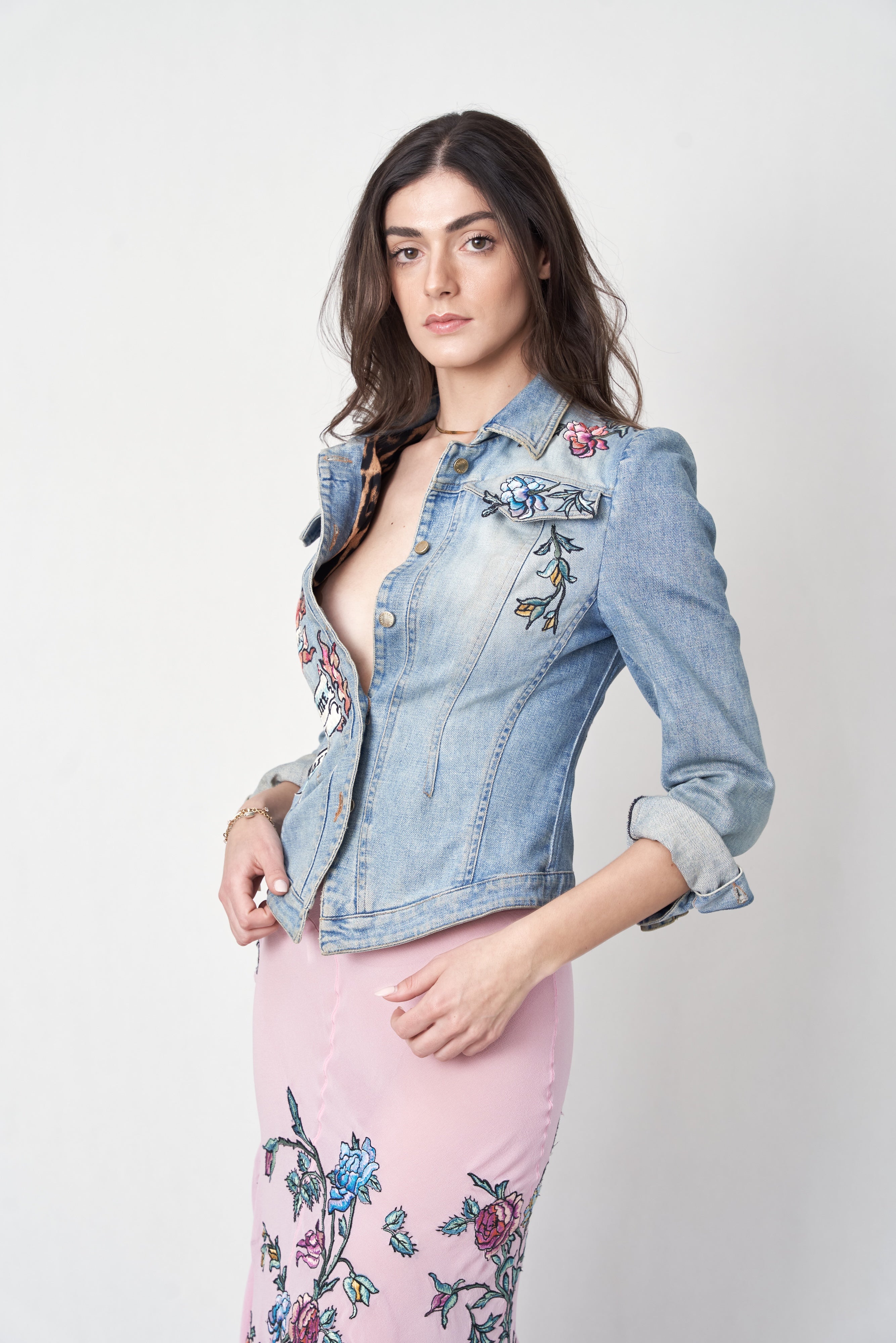 Roberto Cavalli SS2003 set — front view close-up showing tattoo and floral embroidery across jacket and skirt