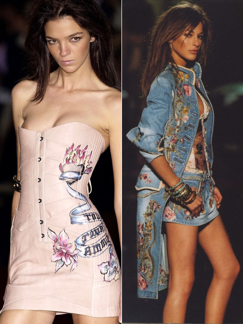 Roberto Cavalli SS2003 original runway photograph — model wearing tattoo and floral embroidered jacket and skirt set