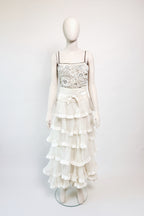 Valentino FW2003 ivory beaded floral bodice tiered silk chiffon gown front view, worn by Rachel Zoe. archival vintage BRIDAL, wedding dress, reception dress.