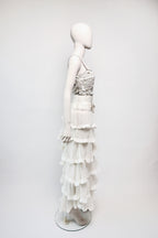 Valentino FW2003 ivory beaded floral bodice tiered silk chiffon gown side view, worn by Rachel Zoe. archival vintage BRIDAL, wedding dress, reception dress.