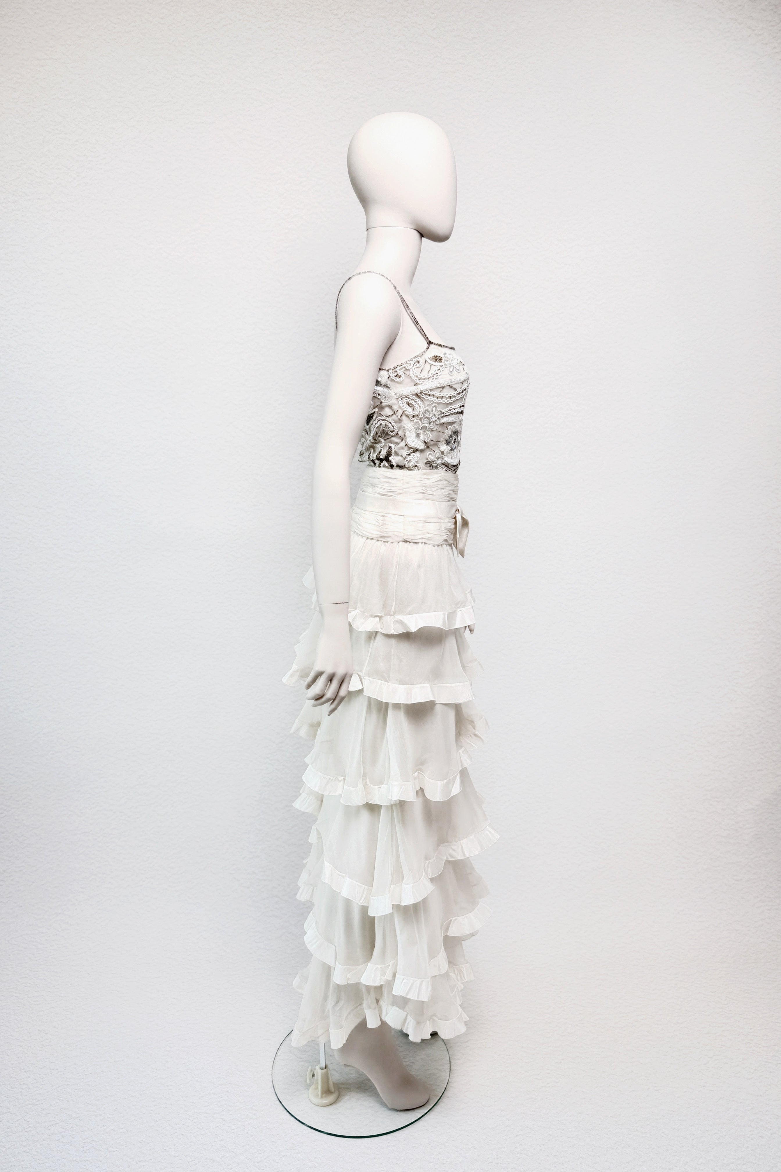 Valentino FW2003 ivory beaded floral bodice tiered silk chiffon gown side view, worn by Rachel Zoe. archival vintage BRIDAL, wedding dress, reception dress.