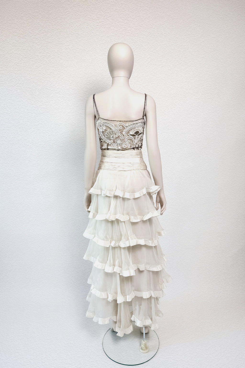 Valentino FW2003 ivory beaded floral bodice tiered silk chiffon gown back view, worn by Rachel Zoe. archival vintage BRIDAL, wedding dress, reception dress.