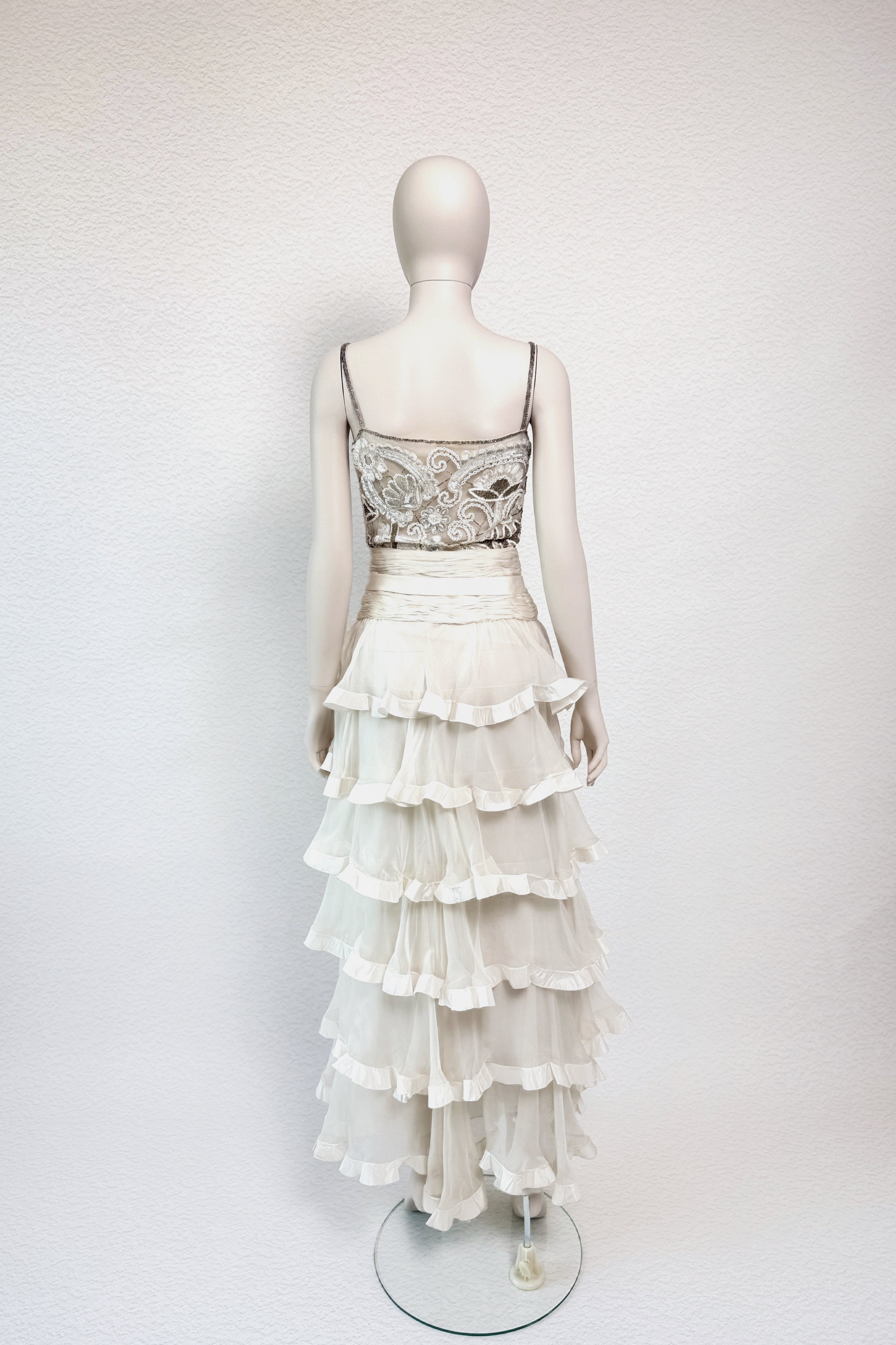 Valentino FW2003 ivory beaded floral bodice tiered silk chiffon gown back view, worn by Rachel Zoe. archival vintage BRIDAL, wedding dress, reception dress.
