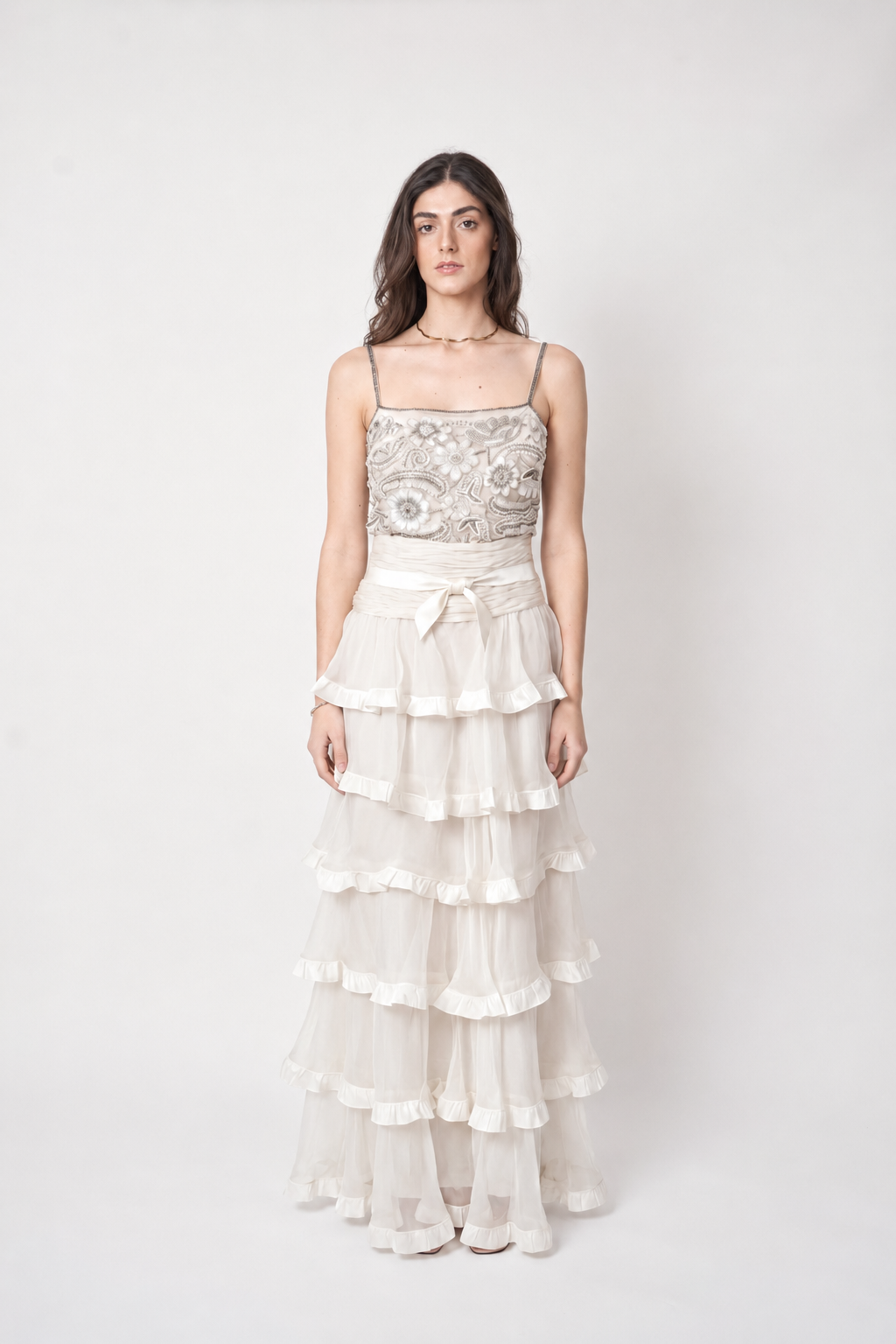 Model wearing Valentino FW2003 ivory beaded floral bodice tiered silk chiffon gown back view, worn by Rachel Zoe. archival vintage BRIDAL, wedding dress, reception dress.