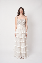Model wearing Valentino FW2003 ivory beaded floral bodice tiered silk chiffon gown back view, worn by Rachel Zoe. archival vintage BRIDAL, wedding dress, reception dress.